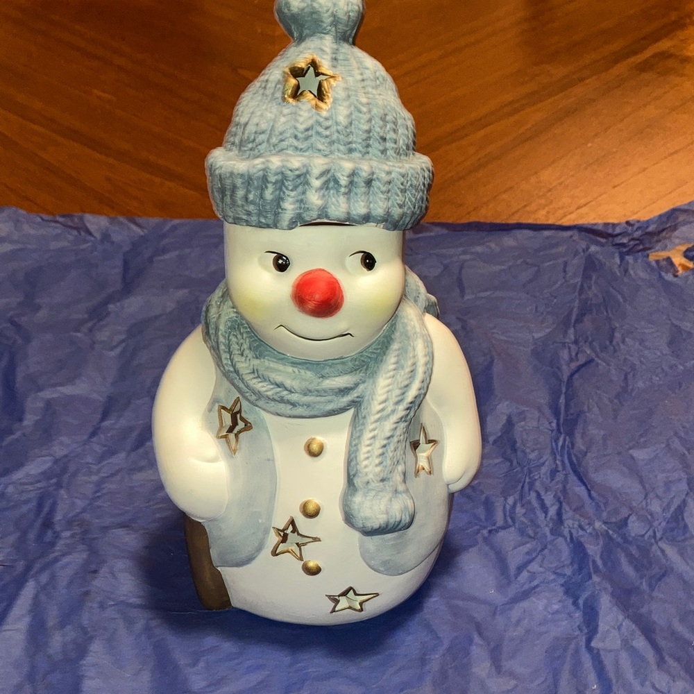 Festive Snowman Candle Holder with Blue Hat and Scarf